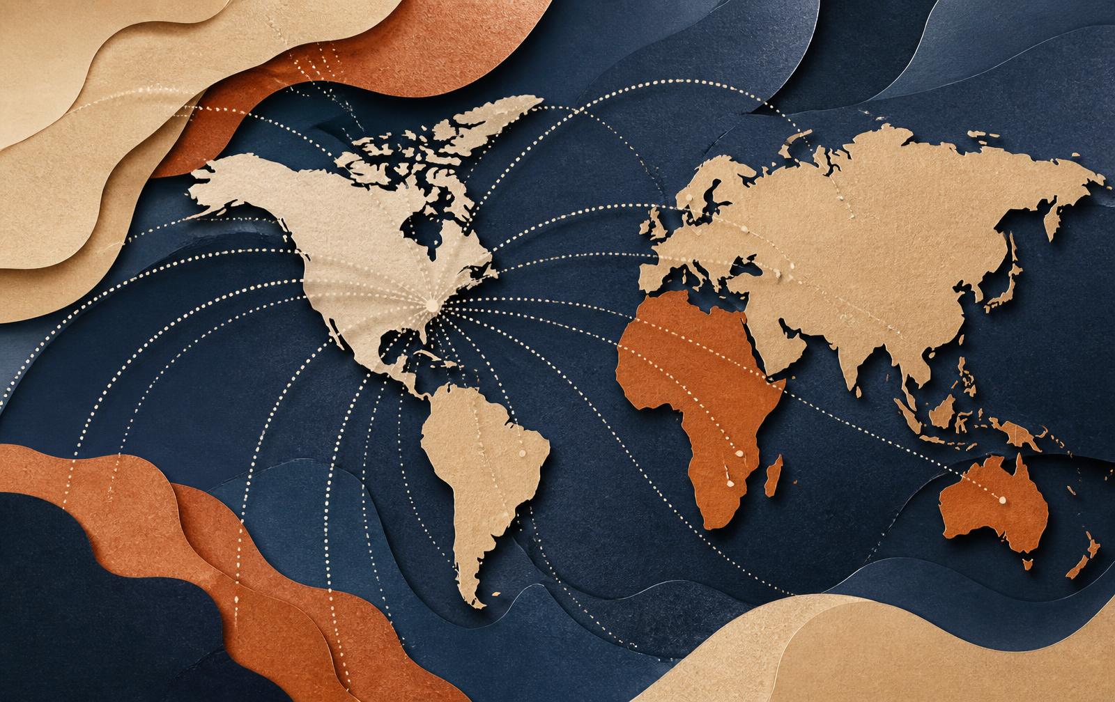 Paper-cut illustration of world map fragments with travel routes converging on North America
